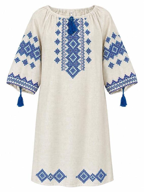 Linen Hand Embroidered Dress, Ukrainian Vyshyvanka Style, Ukrainian Dress