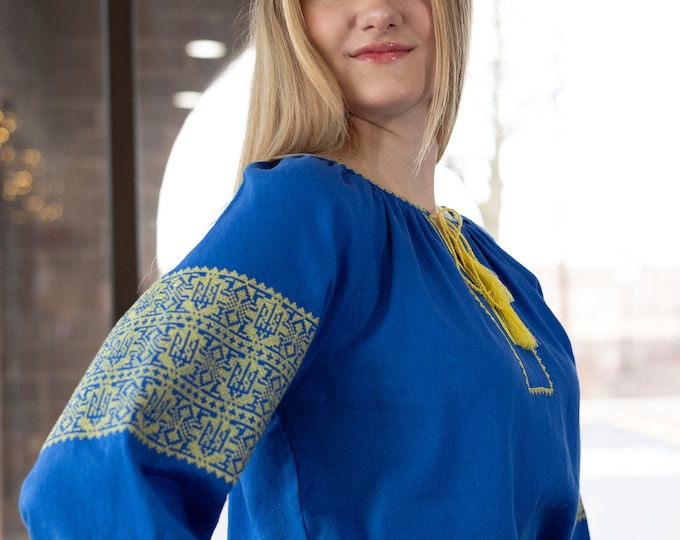 Ukrainian Embroidered Blouse, Vyshyvanka, Blue Linen Shirt with Yellow Embroidery, Boho Folk Top