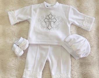 Embroidered Cross Baptism Outfit | Baby Boy Christening Suit