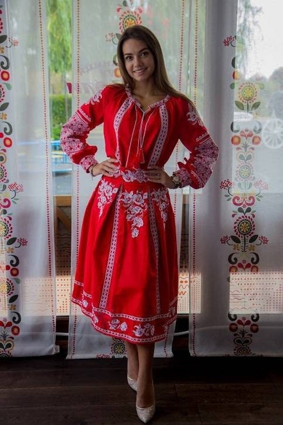 NEW Dress Embroidered red dress Ukrainian style dress with embroidered cotton dress Vyshyvanka dress with embroidered Made in Ukraine