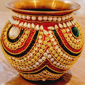 Kalash|Diwali|Rhinestone Decorated| Ganesh|Holy Water Pot|Red Green Kalash|Kalash for Pooja|Mangal kalash|Indian wedding gift|Housewarming