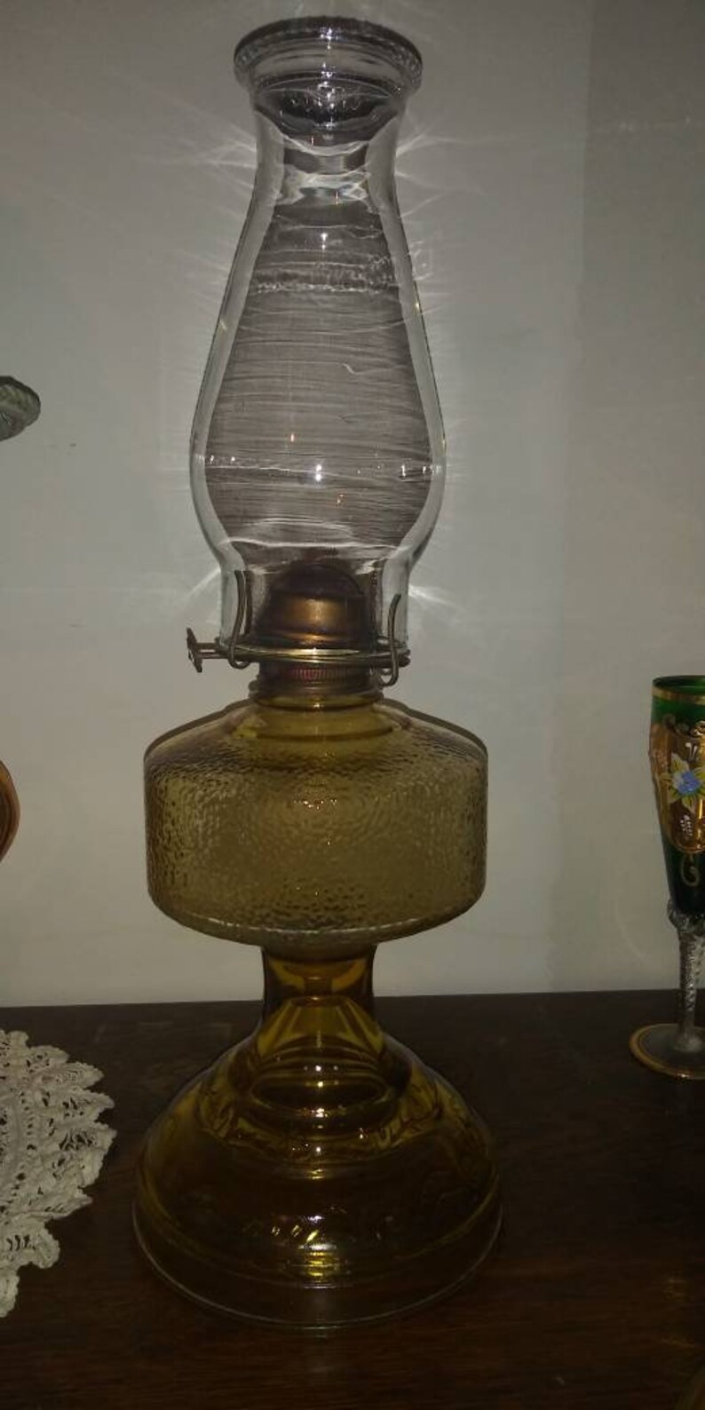 Victorian 1890s Antique Oil Lamp Lantern Hurricane Plume Atwood Amber Crystal Eapg Glass Kerosene Table