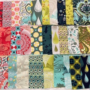 May include: A collection of 25 fabric squares with various patterns and colours, including green, blue, yellow, red, and white. The fabric squares are arranged in a grid pattern.