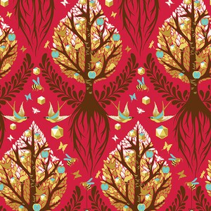 May include: A repeating pattern of stylised trees with gold and white leaves, brown roots, and geometric shapes. The background is a vibrant red. Birds, butterflies, and bees are flying around the trees.
