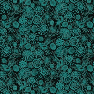 May include: Teal blue and black patterned design with stylised birds flying among circles. The circles have a geometric pattern.