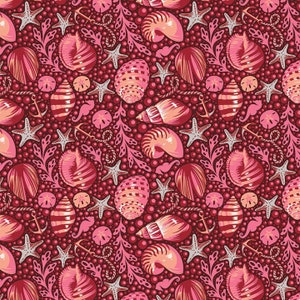 May include: A seamless pattern featuring pink and white seashells, starfish, anchors, and seaweed on a burgundy background.
