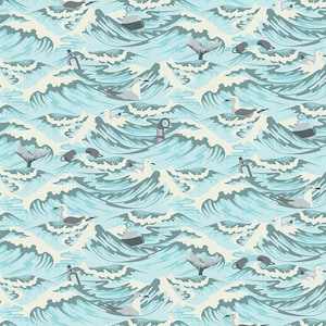 May include: A seamless pattern featuring a light blue background with stylised waves in shades of blue and grey. The pattern includes various sea-life elements such as seagulls, whale tails, diving masks, bottles, and a submarine.
