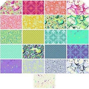 May include: A set of 20 fabric squares featuring a variety of colourful patterns, including floral, geometric, and abstract designs. The squares are arranged in a grid pattern and are perfect for quilting, patchwork, or other craft projects.