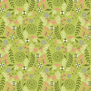 Pode incluir: Um padrão sem costura com fundo verde com desenhos florais rosa, branco e verde. O padrão inclui flores estilizadas, folhas e círculos.