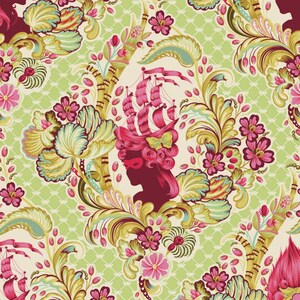 May include: A fabric pattern featuring a repeating damask design with a central silhouette of a person wearing a mask and a ship as a headpiece. The print includes shades of lime green, magenta, cream, and gold with floral and scroll motifs.