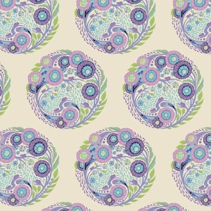 May include: A repeating pattern of circular floral designs in purple, blue, and pink, with green leaf accents. The flowers are arranged symmetrically against a cream background, creating a decorative and artistic aesthetic, suitable for textiles.