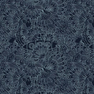 May include: A black and white illustration of a submarine surrounded by intricate floral patterns. The submarine is detailed with a periscope and a hatch.