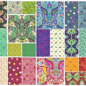 May include: A collection of 16 fabric squares featuring a variety of colourful patterns. The designs include paisley, floral, geometric and polka dot patterns. The fabrics are a mix of bright colours, including pink, green, blue, yellow and orange.
