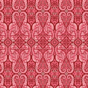 May include: A seamless pattern featuring a repeating design of pink and red floral motifs. The pattern is intricate and detailed, with a variety of shapes and curves. The background is a deep red colour.