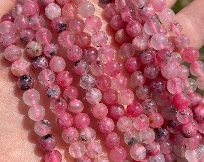 Ice Rhodonite Bracelet, Rose Rhodonite, Sakura, Cherry Rain, Round Bead ...