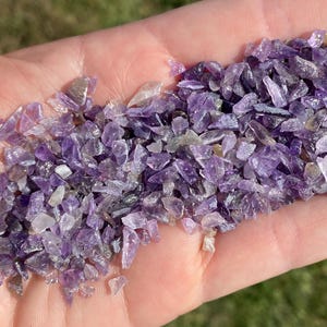May include: A close-up of a handful of small, purple amethyst chips. The chips are irregularly shaped and have a natural, rough texture.