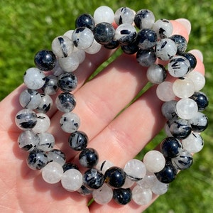 Black Rutile Gemstone Beaded Bracelet - 8mm - 7.5&quot; - Crystal Healing - Yoga Jewelry