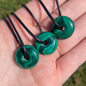 Genuine Malachite Gemstone Donut Necklace - Gemstone Pendant - Cord Necklace With 2 Inch Extender