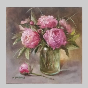 Peons Painting Original Art Pink Paeons Oil Painting Small Flowers Wall Art 12x1 Made to order