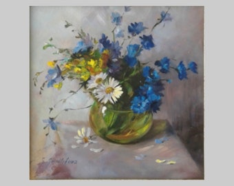 Cornflowers bouquet in vase, Field flowers Oil Painting on Canvas, Original Art Floral Painting, Made to order.