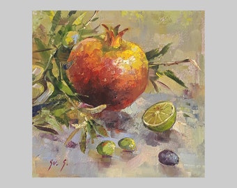 Pomegranates, limes, olives, Still life Oil Painting, Made to order
