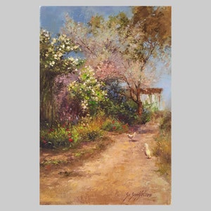 Pastoral village landscape in oil on canvas, Chickens on a country road among flowering trees, Made to order