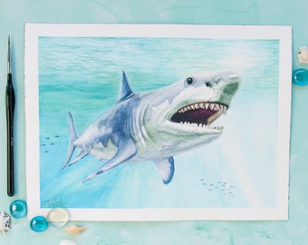 Shark Decor, Great White Shark, Underwater painting, Jaws poster, Shark wall Art, Bathroom wall art, Shark Jaws print, Shark lover gift