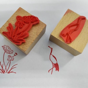 2 Pieces of Square Wooden Stamp with Rubber Base Finished Chinese Seal Stamp Chop Hanko Lotus and Crane  E496