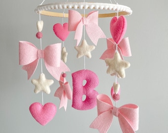 Mobiel babymeisje, mobiel wiegje met strikken, mobiel babymeisje met strikken, mobiel babymeisje met roze strikken, gepersonaliseerde mobiel wiegje voor een meisje