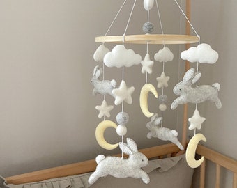 Bunny baby felt mobile, Mobile with bunnies, Bunny nursery mobile, Bunny baby decor, Bunny crib decor, Bunny theme mobile, Bunny crib mobile