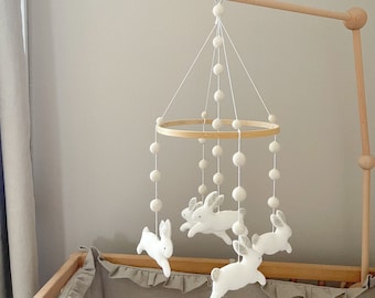 Rabbit baby felt mobile, Rabbit nursery felt mobile, Rabbit crib felt mobile, Bunny nursery mobile, Bunny crib mobile, Neutral crib mobile