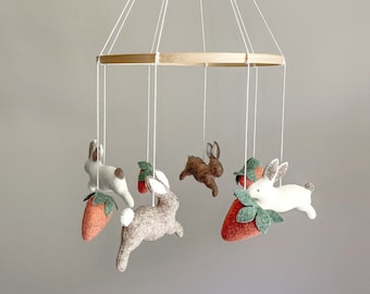 Rabbit baby felt mobile, Rabbit nursery felt mobile, Rabbit crib felt mobile, Bunny nursery mobile, Bunny crib mobile,Strawberry felt mobile