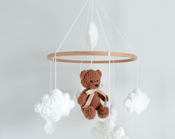 Handmade Boucle Teddy Bear Nursery Mobile with Clouds
