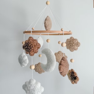 Boucle clouds and moon crib mobile, Boucle clouds and moon baby mobile, Boucle clouds and moon nursery mobile, Boucle gender neutral mobile