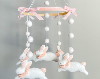 Handmade Felt Bunny Baby Mobile, Wool Blend Nursery Decor