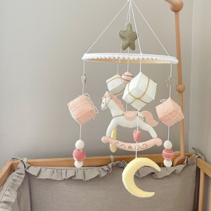 Rocking horse baby girl mobile, Rocking horse crib mobile,Rocking horse for a girl, Rocking horse nursery mobile,Rocking horse nursery decor