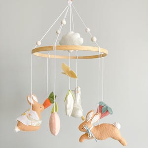 Garden rabbit crib mobile, Garden rabbit nursery mobile, Garden rabbit felt mobile,Mobile with rabbit in the garden,Garden bunny crib mobile