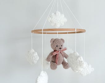 Handmade Boucle Teddy Bear Nursery Mobile with Clouds