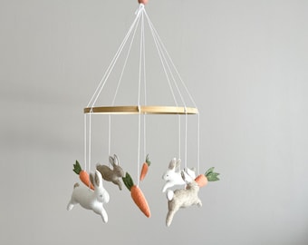 Rabbit baby felt mobile, Rabbit nursery felt mobile, Rabbit crib felt mobile, Bunny nursery mobile, Bunny crib mobile, Neutral crib mobile