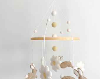 Handmade Bunny Felt Mobile, Flower Nursery Crib Decor