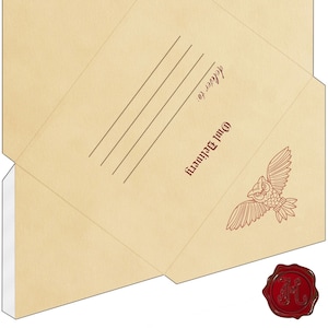Sobre imprimible de entrega de búho con sello, carta de aceptación, invitación para evento de fiesta de cumpleaños del mago, tema de bruja