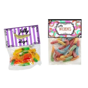 May include: Two clear plastic bags of gummy candy. One bag is labeled "Jelly slugs" with a cartoon slug graphic. The other bag is labeled "Jelly WORMS" with a colorful worm design. The candies are in various colors.