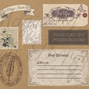 May include: A collection of paper stationery items including a banner with the text Magic Inside, a gift tag with For You, two postage stamps featuring a flower and an owl, a label reading PACKED BY FREE ELVES, a circular stamp, and an Owl Delivery card.