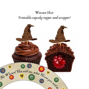 May include: Two chocolate cupcakes topped with brown wizard hat paper toppers. One cupcake is whole, the other is cut to reveal a red filling. A curved paper wrapper features the text "Wizard Hat", "Printable cupcake topper and wrapper!", and "The Wizard Hat will see, what House you will be" with colorful animal icons.