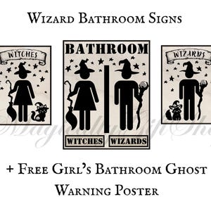 May include: Wizard bathroom signs with a vintage aesthetic. The signs feature silhouettes of witches and wizards, along with a cat, broom, and crystal ball. The signs are black and white with a beige background. Text includes "Witches", "Bathroom", and "Wizards".