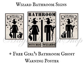 Letreros imprimibles para el baño de magos y brujas: Decoración para fiestas temáticas de Harry Potter (PDF imprimible)