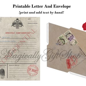 May include: Printable letter and envelope set with a vintage, aged paper aesthetic. The letter includes lines for writing, a fingerprint, and a "Top Secret" stamp. The envelope features stamps and a red wax seal.