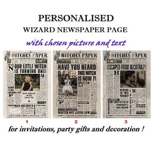 Página de periódico imprimible personalizada del Mago con tu propio titular e imagen para decorar fiestas, regalos o invitaciones.