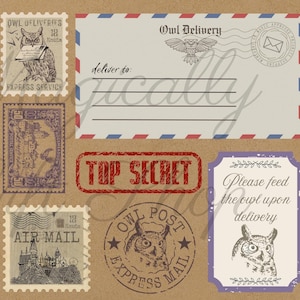 May include: A collection of stationery items featuring an envelope with red and blue borders, an Owl Delivery stamp, a Top Secret stamp, and various postage stamps depicting owls and castles with text including Air Mail and Please feed the owl.