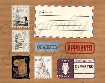 Printable Owl Delivery Stamps: Wizard Envelope And Package Labels _ Version 1 (PDF & PNG)